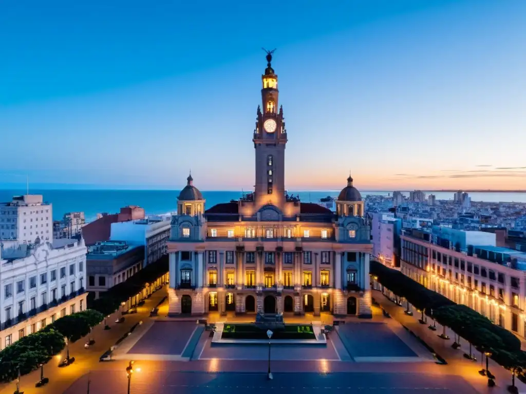 Atardecer en el Palacio Salvo de Montevideo, Uruguay, una joya de la arquitectura con influencia italiana y simbolo de la rica gastronomía uruguaya