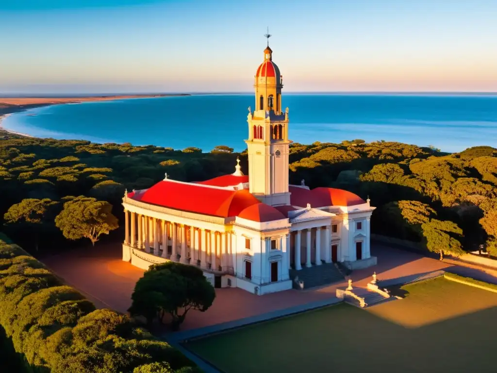 Atardecer en Uruguay, destacando el Palacio Salvo, uno de los monumentos históricos de Uruguay, en una vibrante panorámica de ciudad