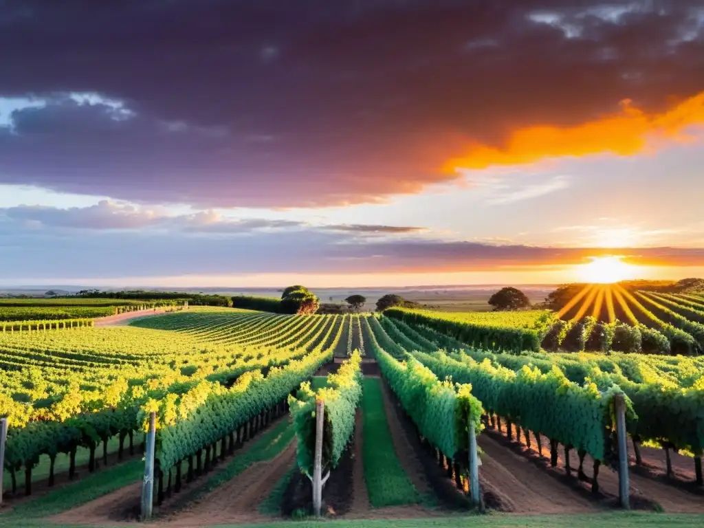 Atardecer panorámico en la Ruta del Vino Uruguay histórica, con viñedos centenarios bajo un cielo naranja y un vino tinto esperando