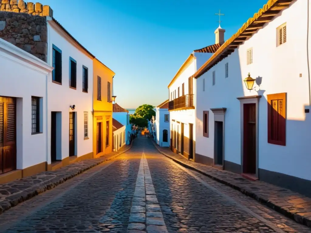 Atardecer en el patrimonio arquitectónico de Colonia del Sacramento, Uruguay, con calles empedradas doradas y coches antiguos