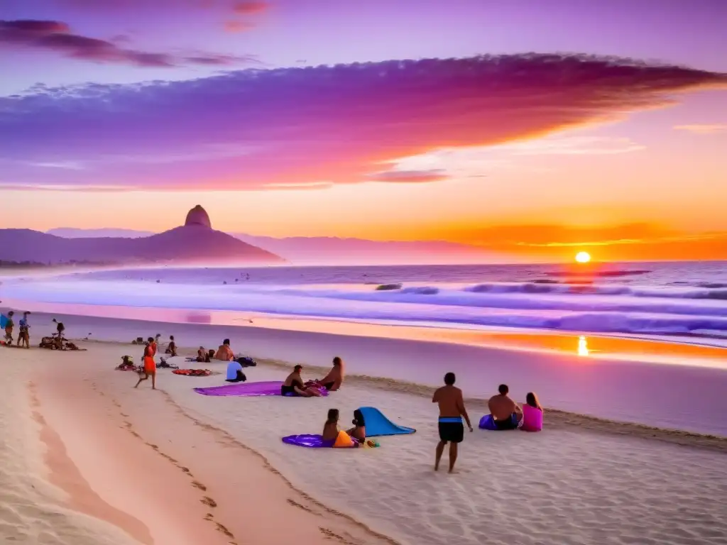 Atardecer en Uruguay: familias disfrutan en una playa animada, un escenario perfecto para nuestros 'Consejos para viaje familiar Uruguay'