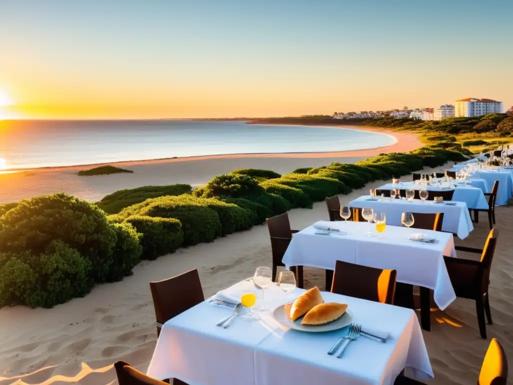 Atardecer en uno de los resorts exclusivos Punta del Este, con mesas gourmet en la playa y el océano Atlántico de fondo