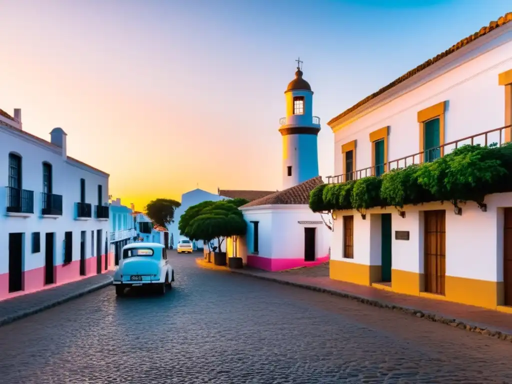 Atardecer en rincones bellos cultura Uruguay, Colonia del Sacramento, con su faro histórico, calles empedradas y vida vibrante