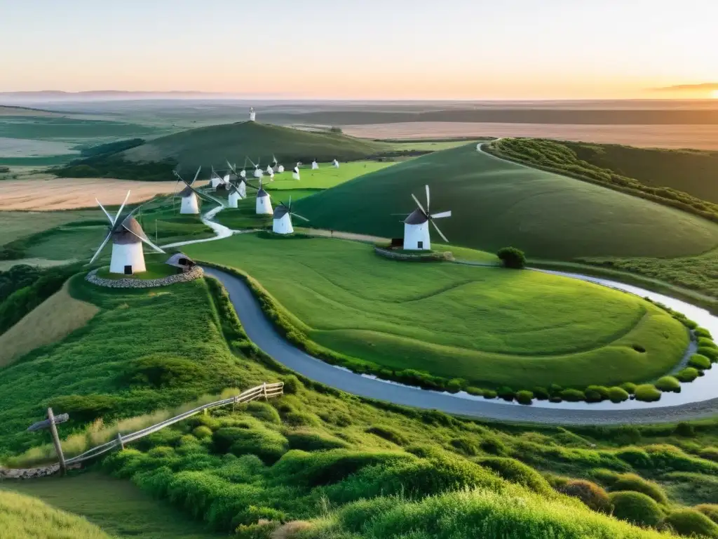 Atardecer en la Ruta de los Molinos en Uruguay, con antiguos molinos en colinas verdes y un río brillante bajo el cielo cálido