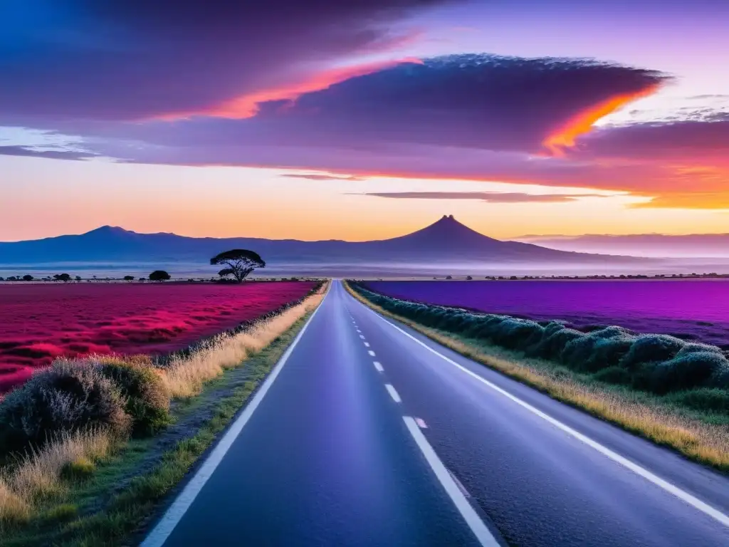 Atardecer en rutas escénicas de Uruguay: viaje inolvidable cruzando campos dorados, bajo un cielo encendido