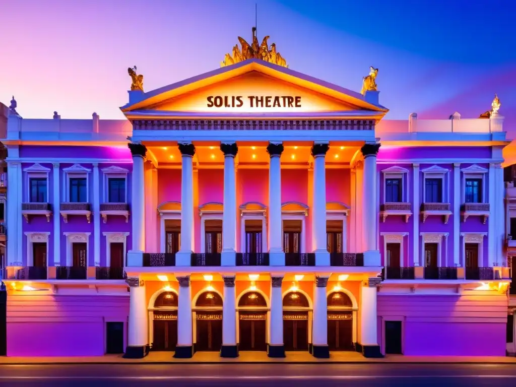 Atardecer en el Teatro Solís, joya del patrimonio arquitectónico de Uruguay, bajo un cielo colorido y vibrante