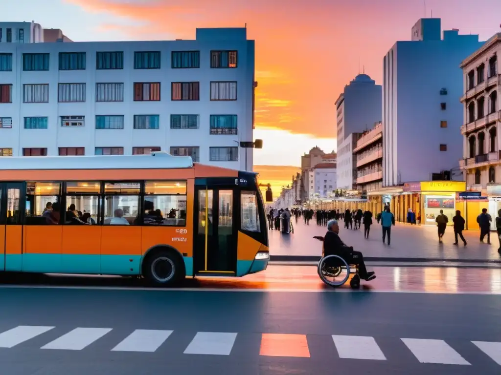 Atardecer en Montevideo, Uruguay: un transporte accesible para personas con discapacidad, simbolizando un futuro de progreso e inclusión