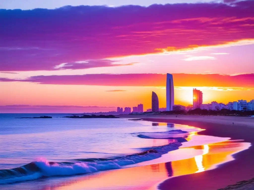 Atardecer vibrante en el destino de playa glamuroso Uruguay, Punta del Este, con su icónica escultura, La Mano