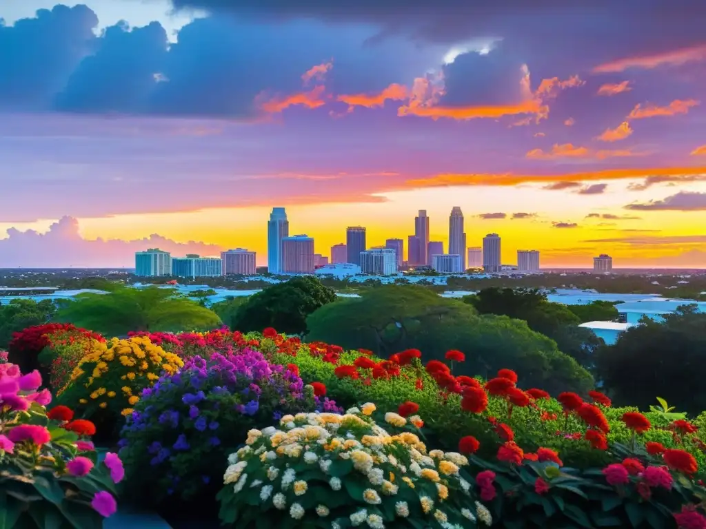 Atardecer vibrante en la 'Florida, ciudad de las flores', con un mosaico de flores en plena floración y edificios pastel reflejando el sol dorado