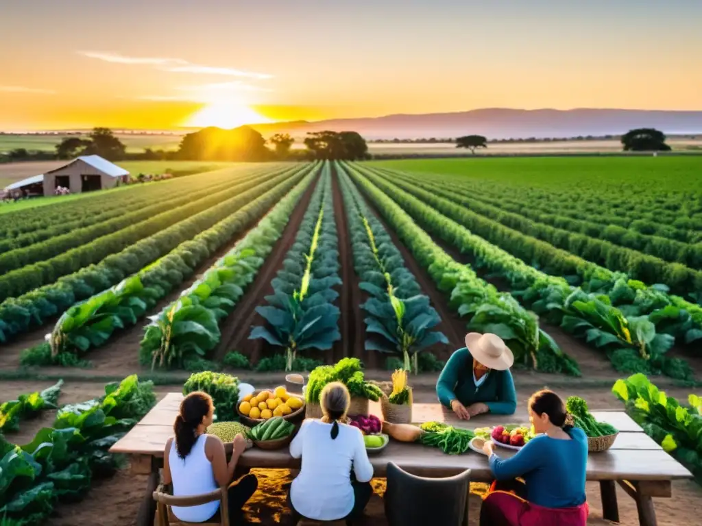 Atardecer vibrante sobre una granja uruguaya, con eventos gastronómicos agricultura uruguaya, uniendo comunidad y tierra