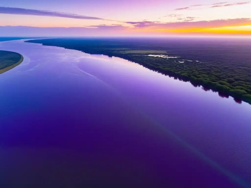 Atardecer vibrante sobre las Islas del Uruguay en el Río de la Plata, joyas verdes en un dorado manto líquido