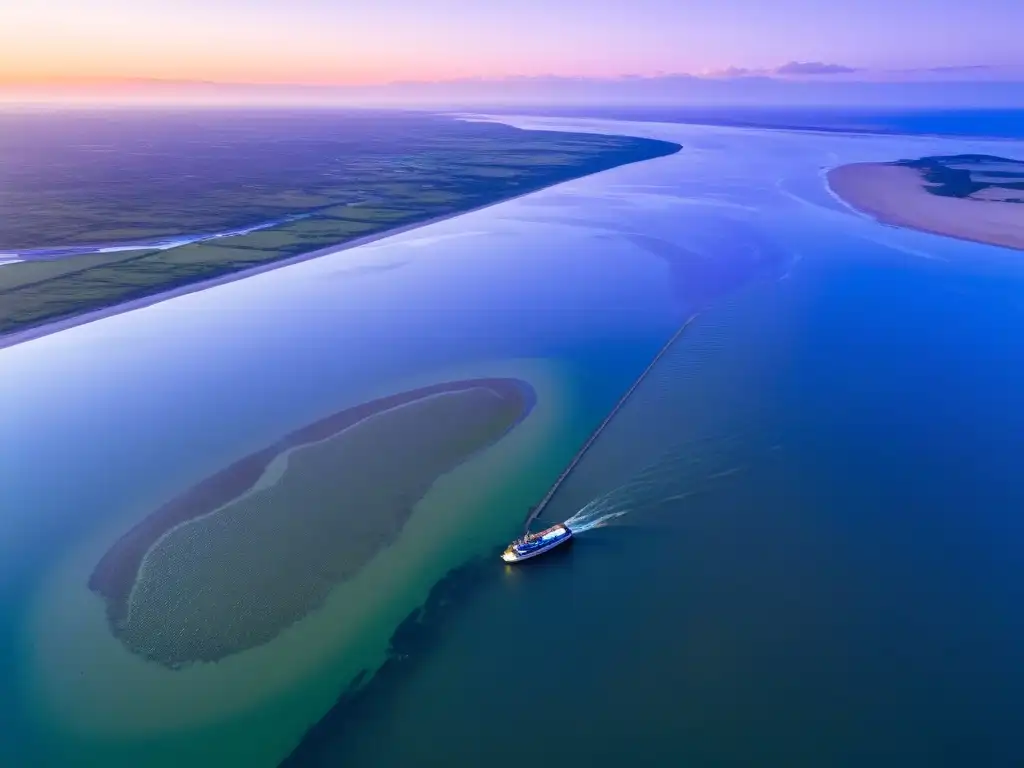 Atardecer vibrante en las Islas del Uruguay en el Río de la Plata, con embarcaciones surcando aguas plateadas y Montevideo al fondo