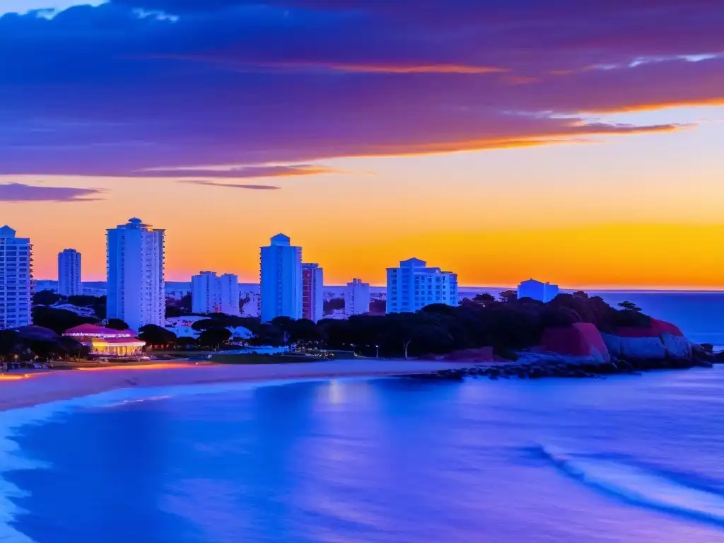 Atardecer vibrante en Punta del Este, con resorts exclusivos entre jardines tropicales y una vida llena de encanto