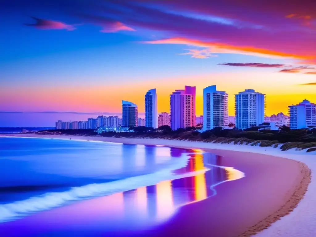 Atardecer vibrante en Punta del Este, Uruguay, reflejando un viaje de lujo con resorts de alta gama, playas prístinas y golf