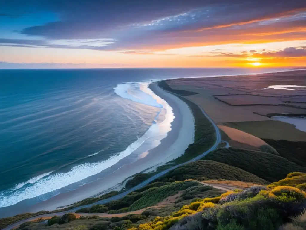 Atardecer vibrante en las rutas escénicas del litoral uruguayo, abrazando la costa con flora autóctona y pueblos encantadores