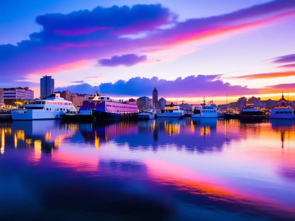 Atardecer vibrante en Montevideo, Uruguay; el transporte acuático en Uruguay reflejado en un Río de la Plata resplandeciente