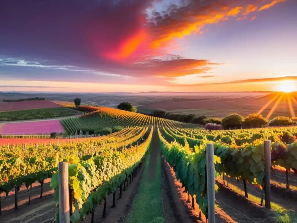 Atardecer en viñedos uruguayos para fotógrafos paisajistas, con uvas Tannat y un cielo en llamas