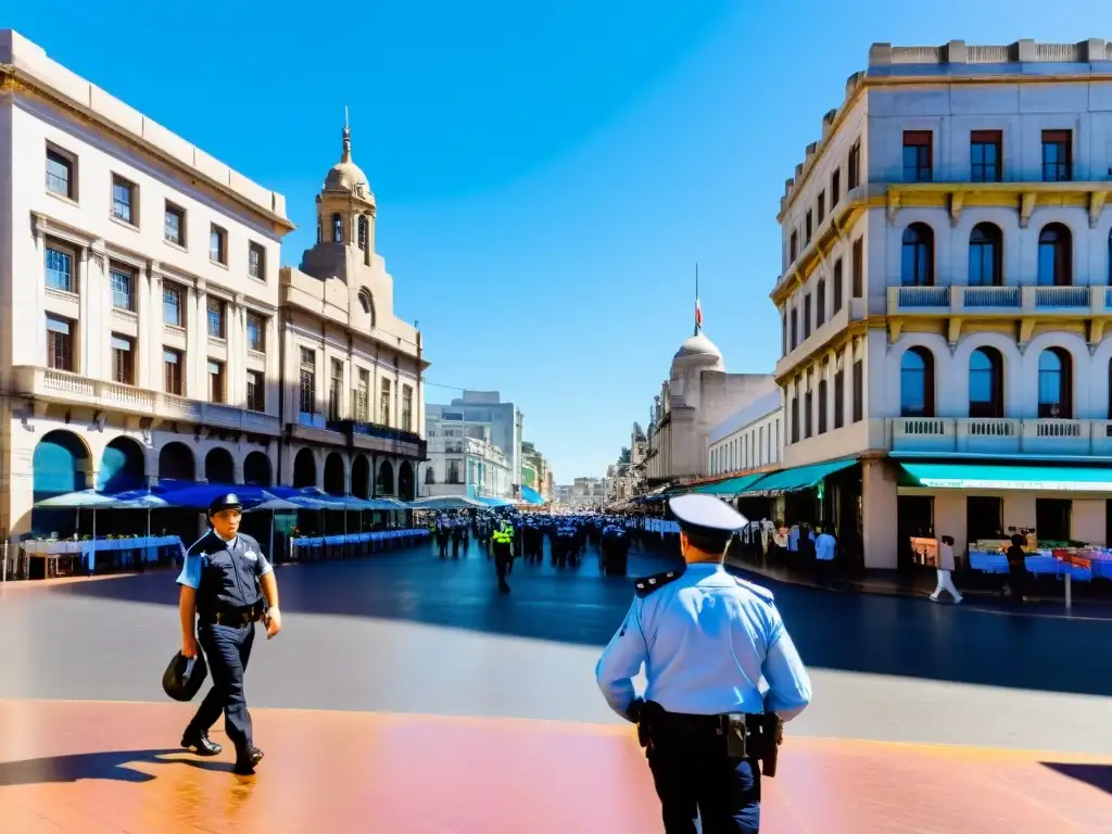 Un atento policía aporta seguridad en una vibrante calle de Montevideo, Uruguay, ideal para ilustrar nuestras recomendaciones viaje seguro Uruguay