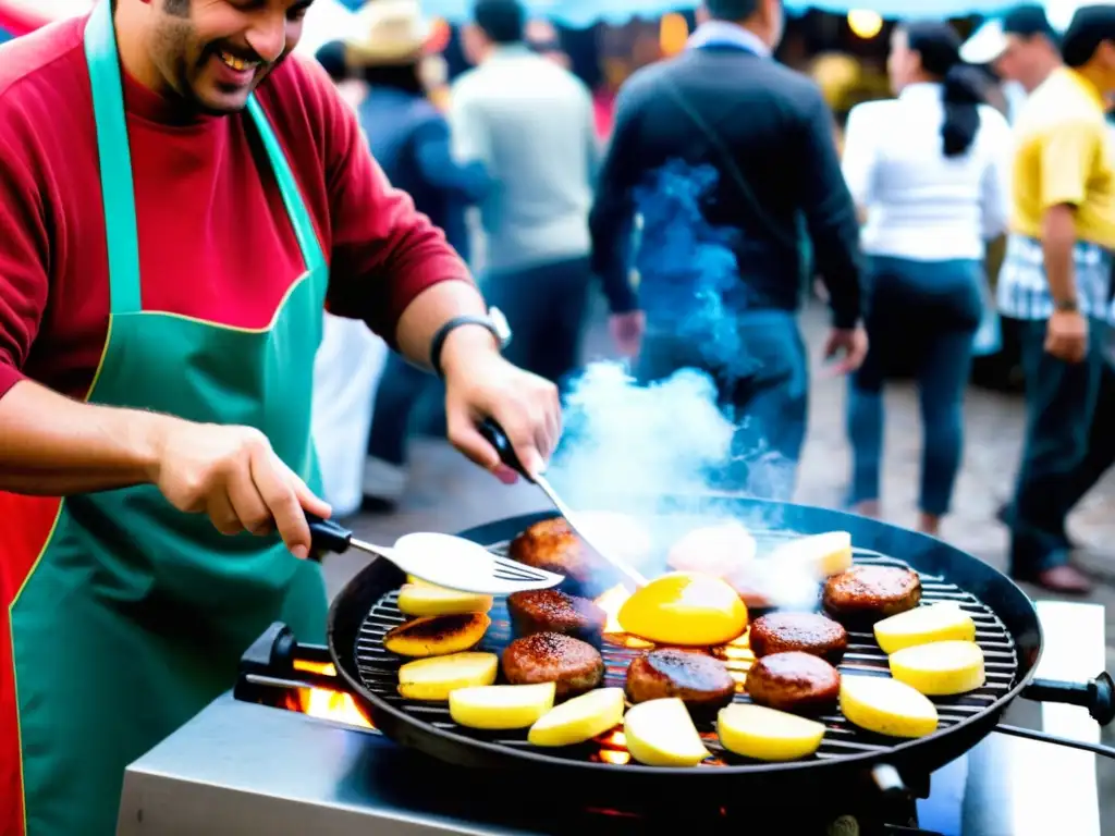 Atmósfera vibrante en una de las Ferias gastronómicas Uruguay, donde la comida típica y la alegría se unen al atardecer en Montevideo