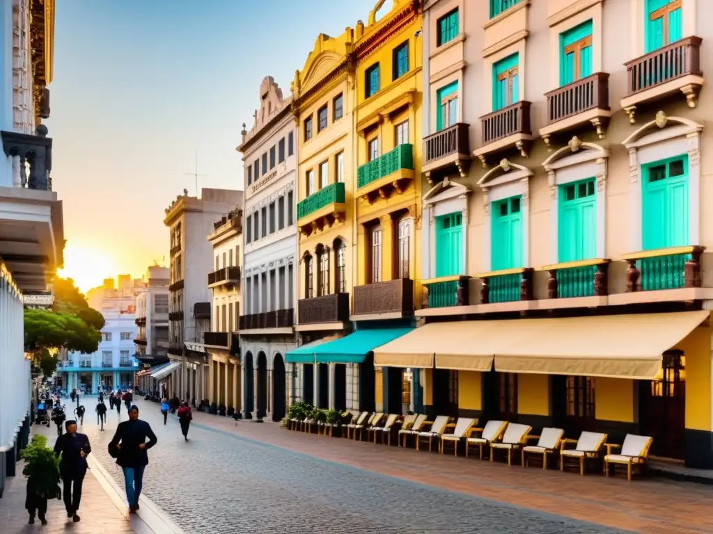 Atracciones culturales de Uruguay bajo costo: calle adoquinada antigua en Montevideo, con arquitectura colonial iluminada por el ocaso