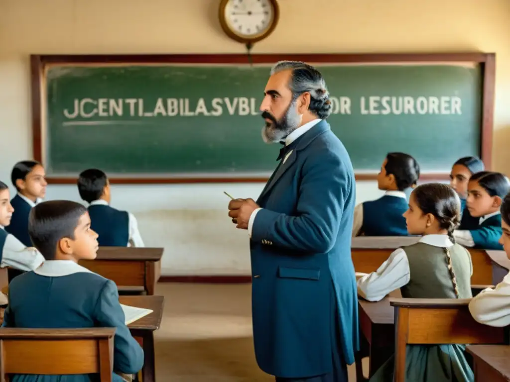 Varela en su aula de 1800 en Uruguay, inculcando su legado de educación política, rodeado de cultura local