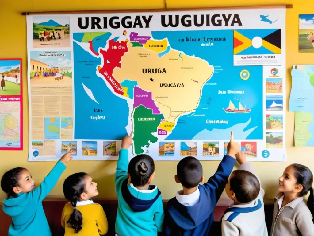 Aula vibrante en una escuela uruguaya tradicional, niños curiosos aprenden sobre el mundo, reflejando el Turismo educativo en Uruguay