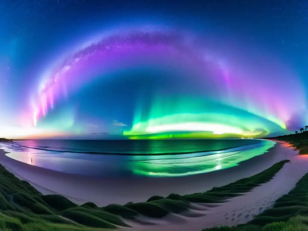 Fotografiar auroras en Uruguay: una playa solitaria bajo un cielo estrellado iluminado por colores danzantes de la aurora austral