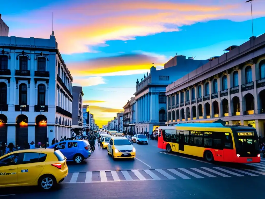 Amanecer en Montevideo, Uruguay: autobuses coloridos, ciclistas y taxis listos para el día, brindando consejos para viajar barato a Uruguay