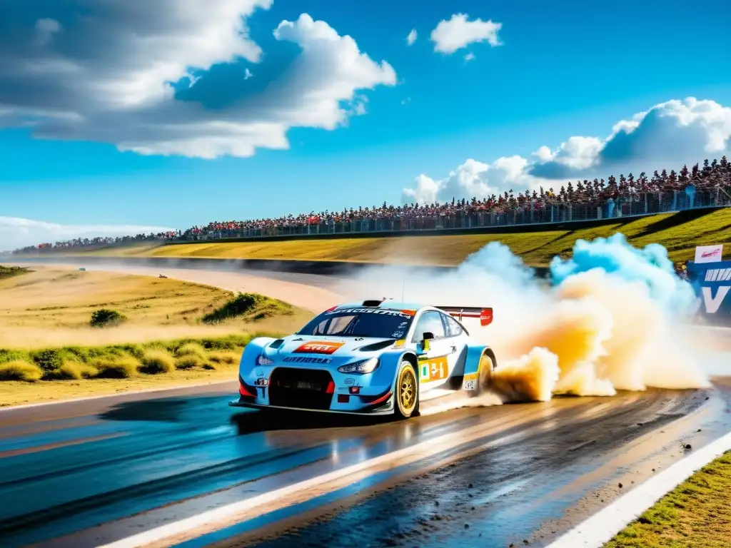 Automovilismo en Uruguay adrenalina: carrera vibrante, autos coloridos corriendo entre polvo y marcas de neumáticos, bajo un cielo azul