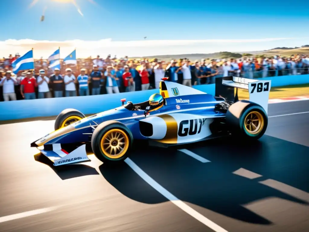 Automovilismo en Uruguay: adrenalina en una carrera vibrante, bajo el cielo azul, con un coche velocísimo en colores patrios y fans emocionados