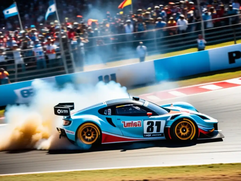 Automovilismo en Uruguay adrenalina: un coche de carreras, brillando con los colores del país, desata emoción en un estadio lleno