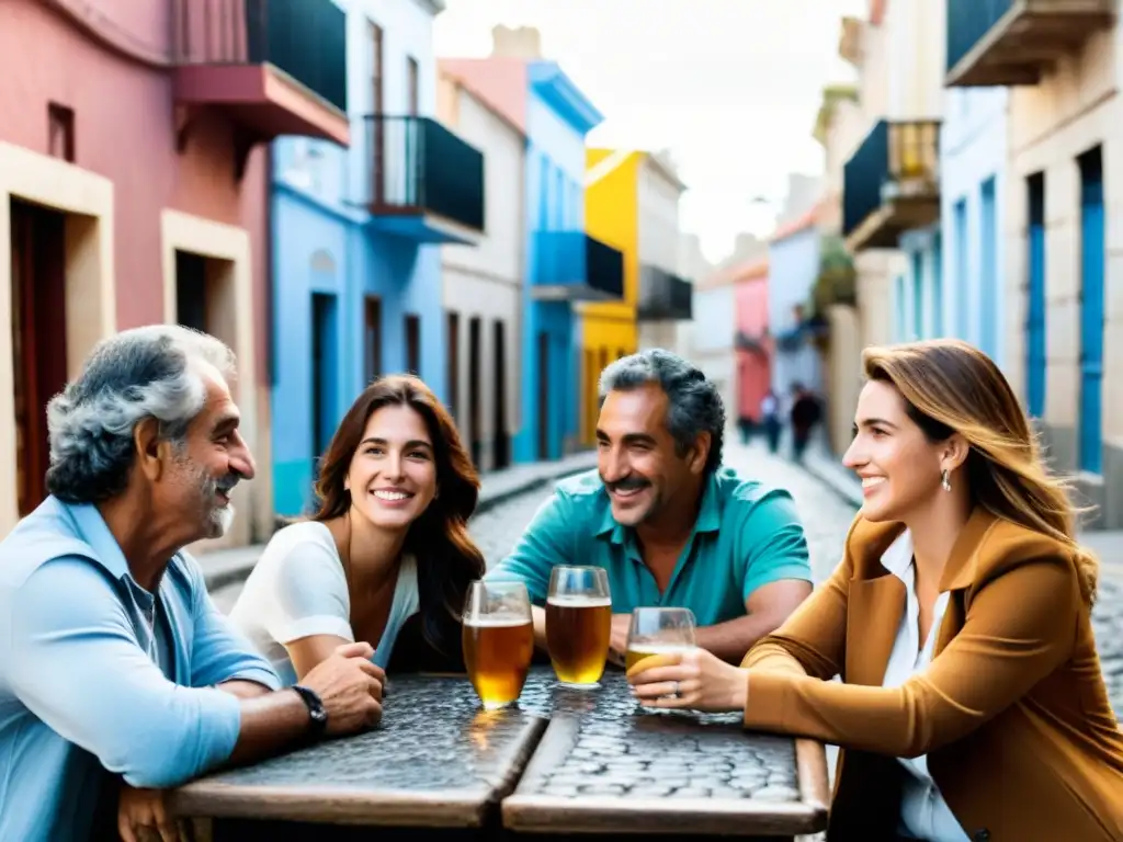 Autores contemporáneos de Uruguay debaten apasionadamente en una calle adoquinada bajo un cálido sol, mientras la belleza y cultura uruguaya resplandece a su alrededor