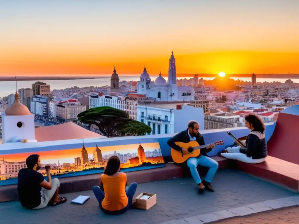 Autores contemporáneos de Uruguay, inmersos en su belleza y cultura, expresándose artísticamente bajo el cálido atardecer de Montevideo