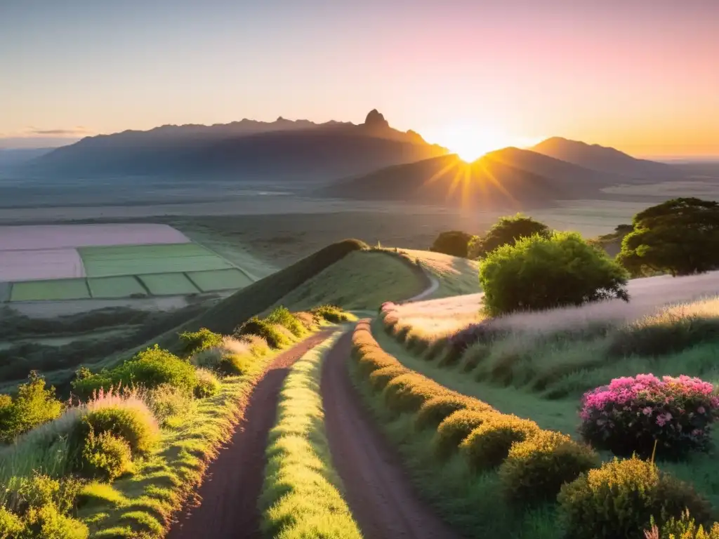 Un aventurero disfruta de la belleza increíble de las mejores rutas de senderismo en Uruguay, con un amanecer dorado pintando el cielo