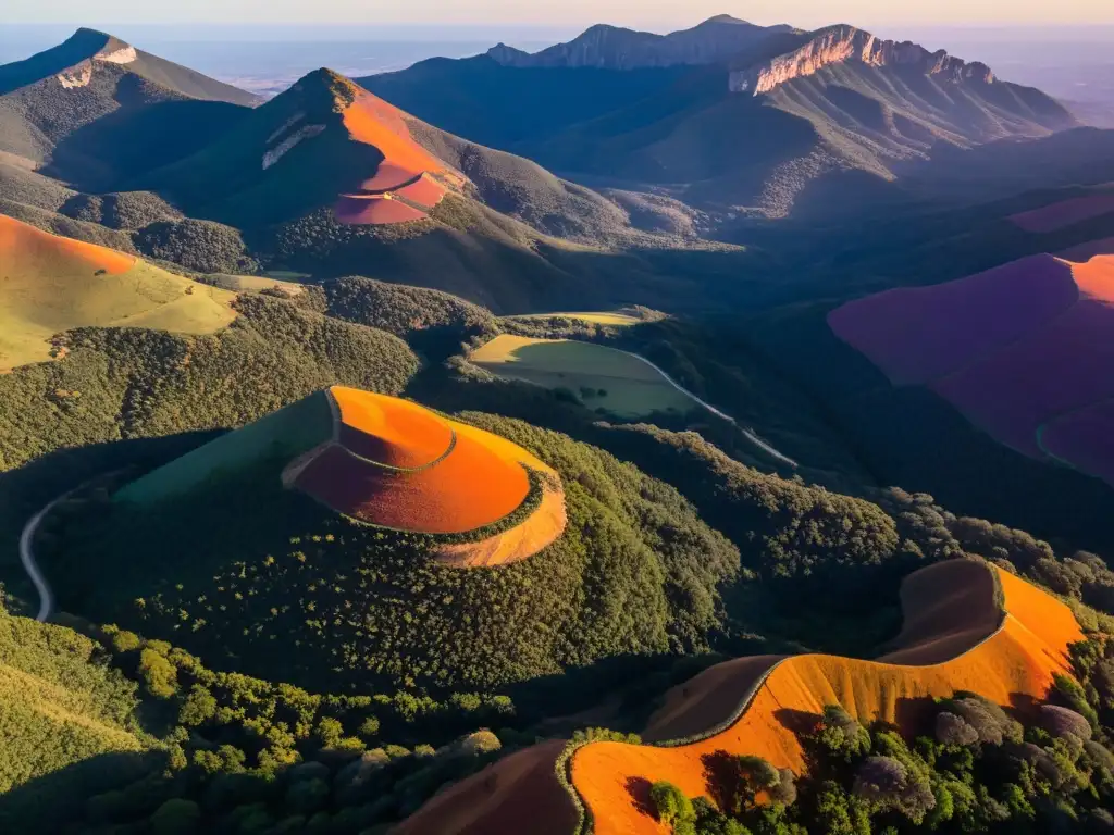 Un aventurero contempla los misterios del Monte de Ombúes desde las alturas, bajo un atardecer que pinta de naranja y púrpura la inmensidad