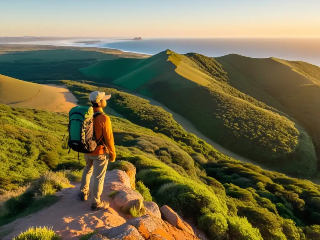 Un aventurero en rutas de senderismo en Uruguay, admirando el atardecer desde un acantilado alto, rodeado de la belleza natural del país