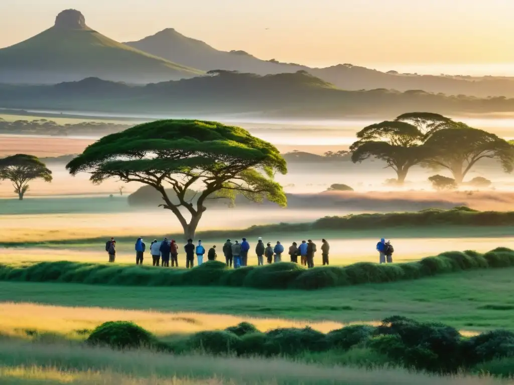 Observación de aves exóticas en Uruguay al amanecer, con observadores en khaki y una vibrante guacamaya en un paisaje campesino