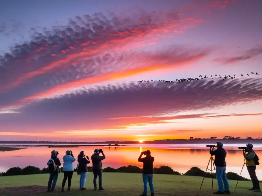 Observación de aves exóticas en Uruguay al amanecer, siluetas de observadores contra un cielo dorado y aves volando