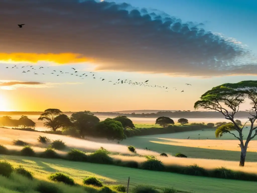 Observación de aves exóticas en Uruguay al amanecer, con el sol dorado iluminando el verde paisaje y Montevideo al fondo