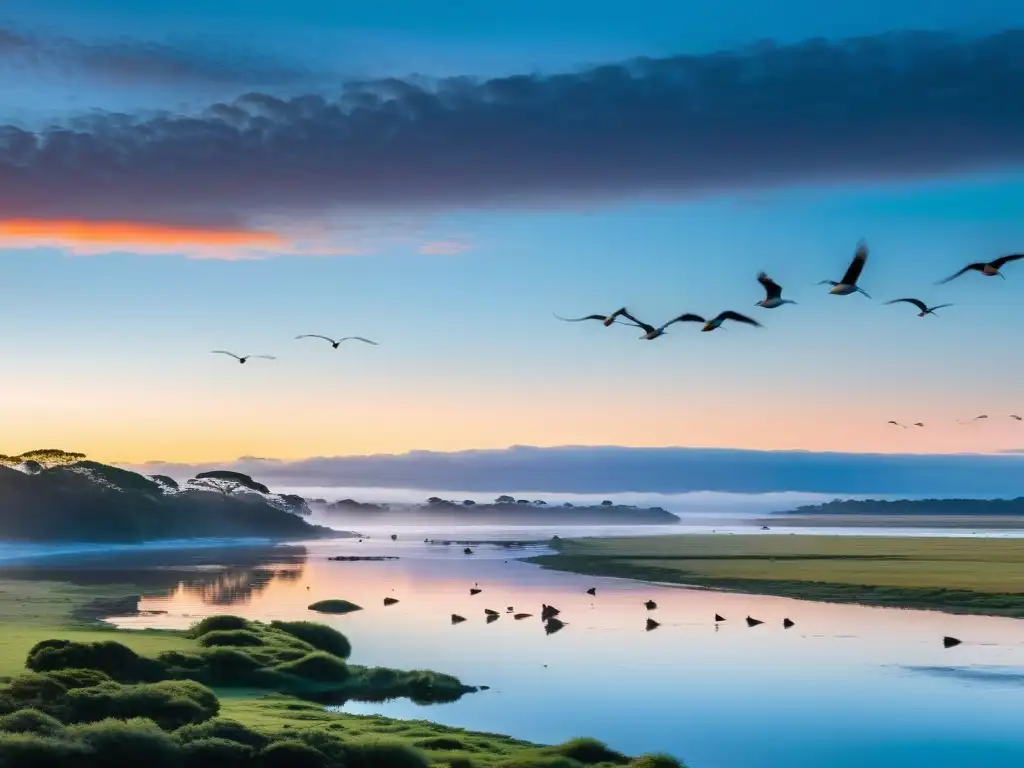 Avifauna rica de Uruguay despierta en un amanecer radiante, reflejada en un río reluciente, enriqueciendo su belleza cultural