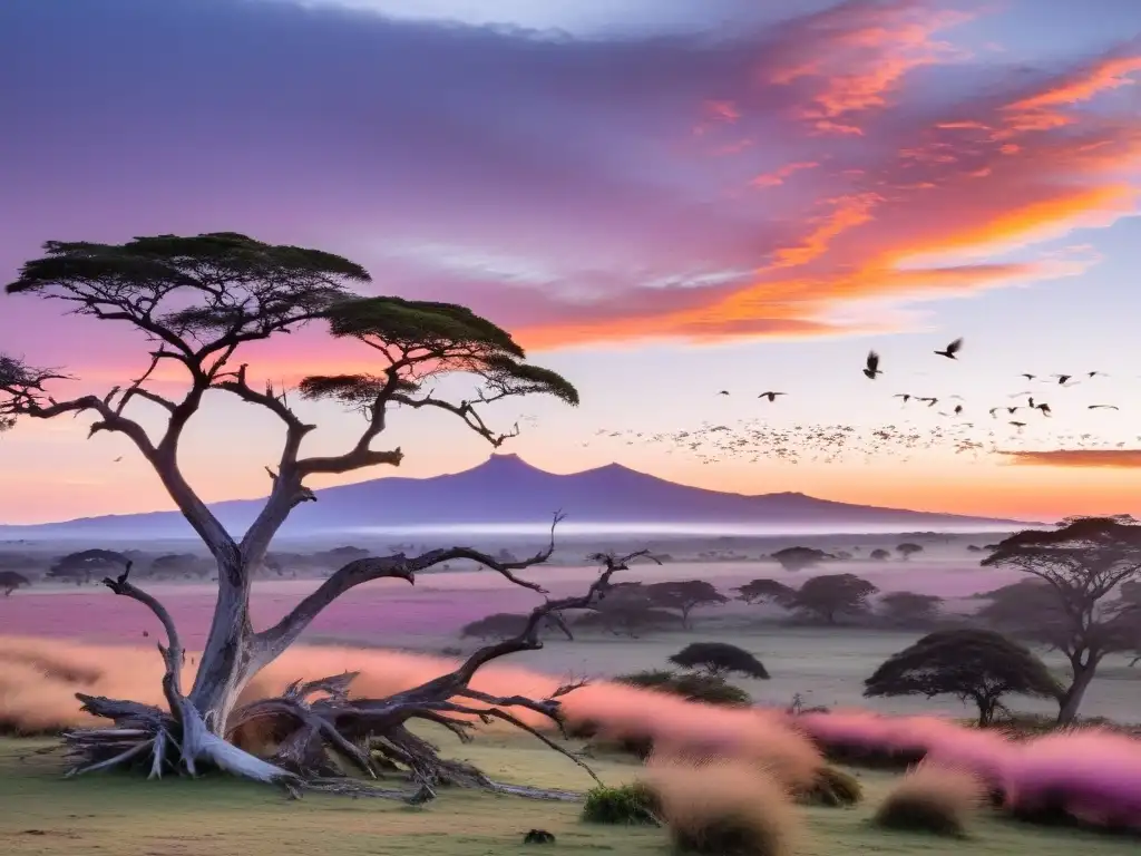 Avifauna rica de Uruguay en un amanecer vibrante, adornando un antiguo Ombú, destacando la belleza cultural natural