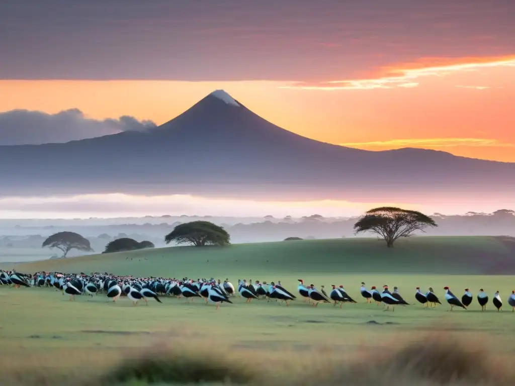 Amanecer en Uruguay, avifauna rica en belleza cultural: un tero majestuoso, cotorras en un ceibo florecido y ñandúes pastando en la pampa