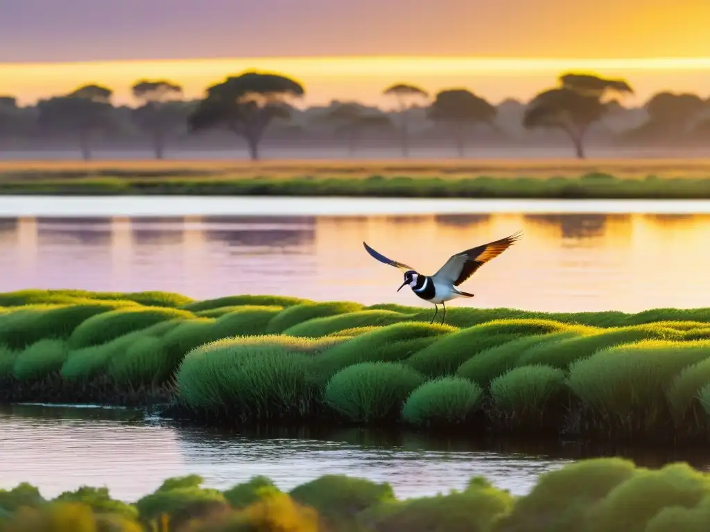 Avifauna rica Uruguay belleza cultural: Un Tero alzando vuelo en los húmedos y dorados atardeceres de Uruguay, con aves nativas en acción