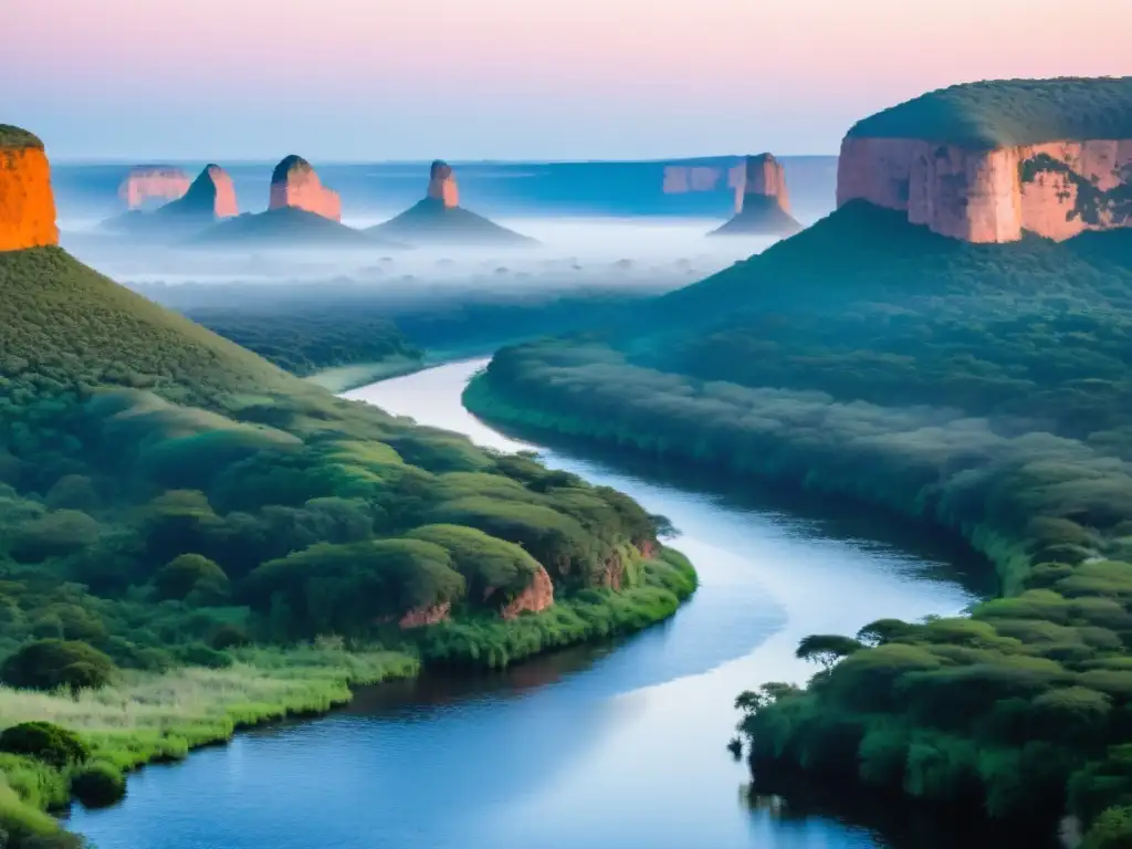 Avistamiento de aves en Uruguay al amanecer, entre majestuosos acantilados y río sereno, con observadores emocionados