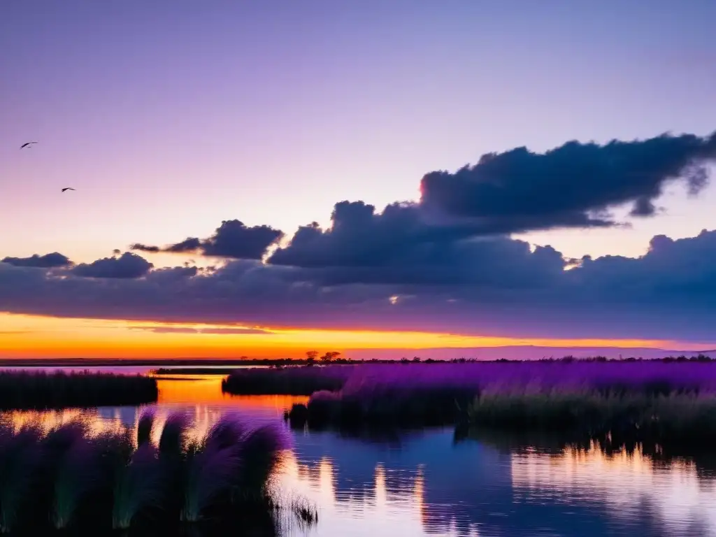 Avistamiento de aves en Uruguay al atardecer, con un cielo de colores cálidos reflejándose en las aguas de los humedales, bajo un vuelo solitario