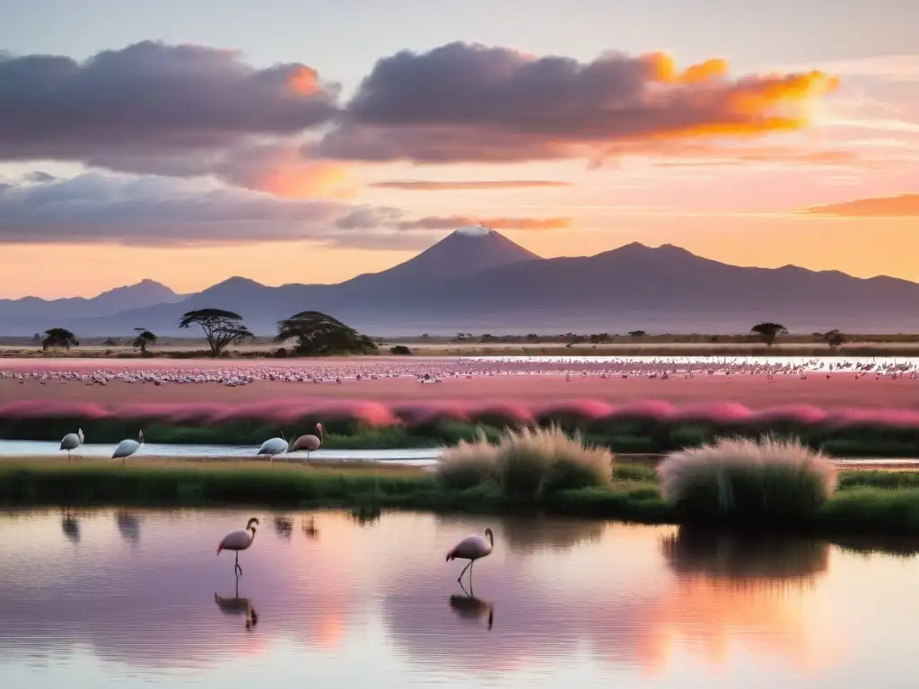 Avistamiento de aves en Uruguay al amanecer, con flamencos volando sobre un lago tranquilo y pastizales dorados de la Pampa