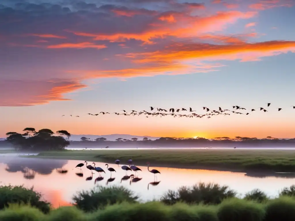 Avistamiento de aves en Uruguay al amanecer, flamingos volando sobre humedales vastos, reflejando la luz rosada y naranja del cielo