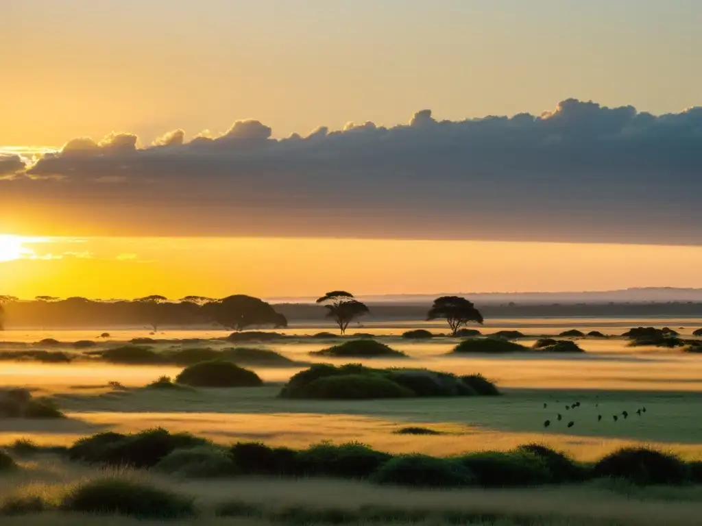 Avistamiento de aves en Uruguay al amanecer, con luz dorada cubriendo las vastas pampas y siluetas de aves volando