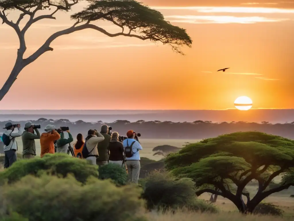 Avistamiento de aves en Uruguay al amanecer: observadores emocionados apuntando a aves exóticas en la sabana anaranjada