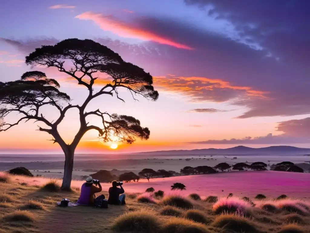 Avistamiento de aves en Uruguay al amanecer, con observadores maravillados por la rara especie y el cielo pintado de colores vivos